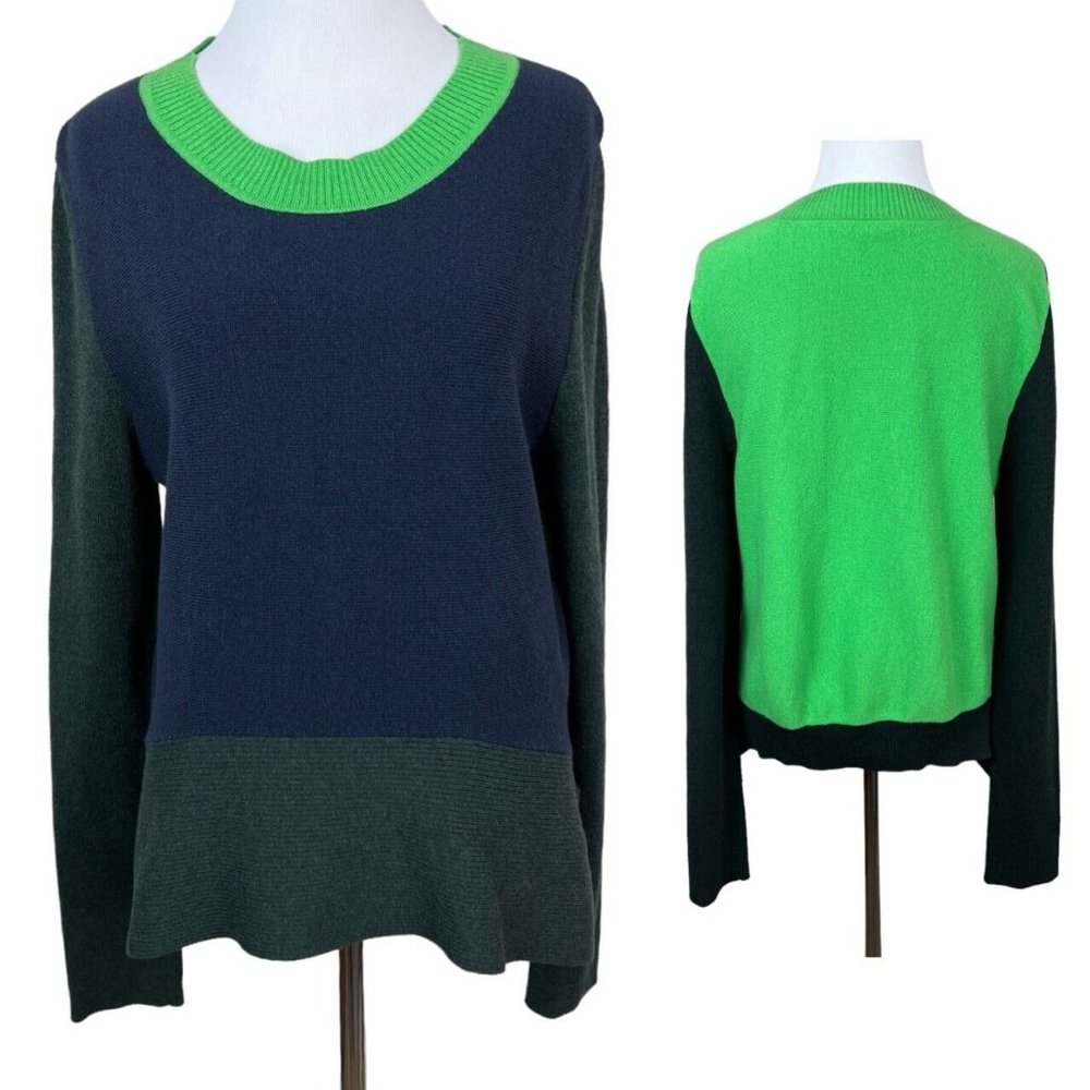 Tome Sweater Women Large Navy Green‎ Colorblock Merino Wool Cotton Slit Peplum